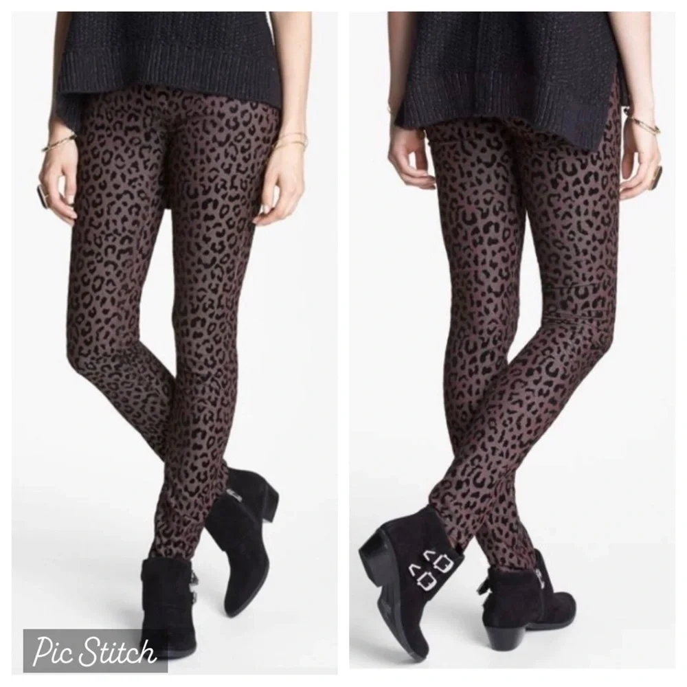 Free People Flocked Leopard Skinny Ankle Jeans